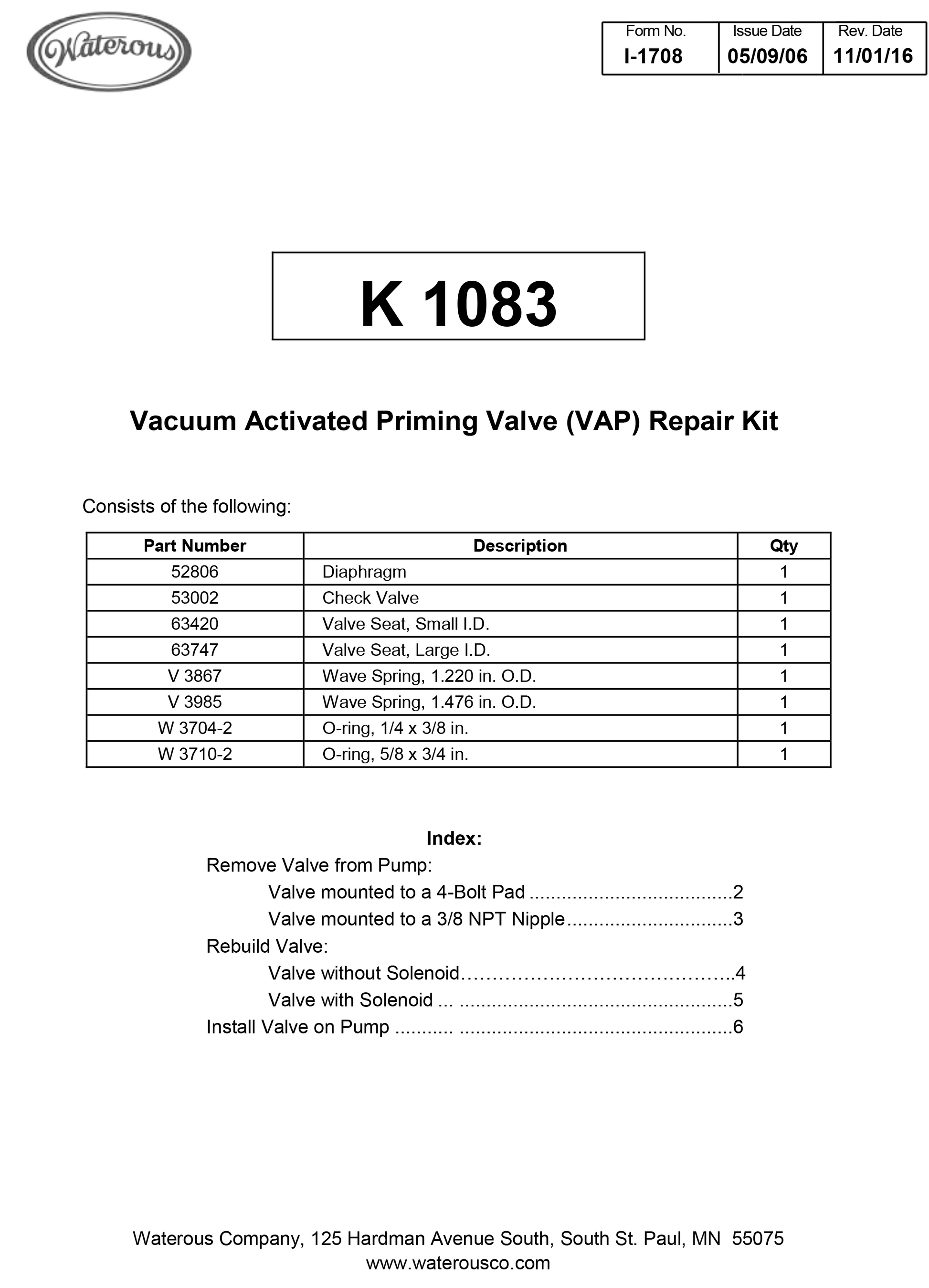 Waterous Venturis Air Primer, Priming Valve Repair Kit, Q8, K1083
