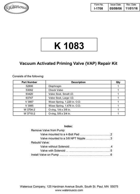 Waterous Venturis Air Primer, Priming Valve Repair Kit, Q8, K1083