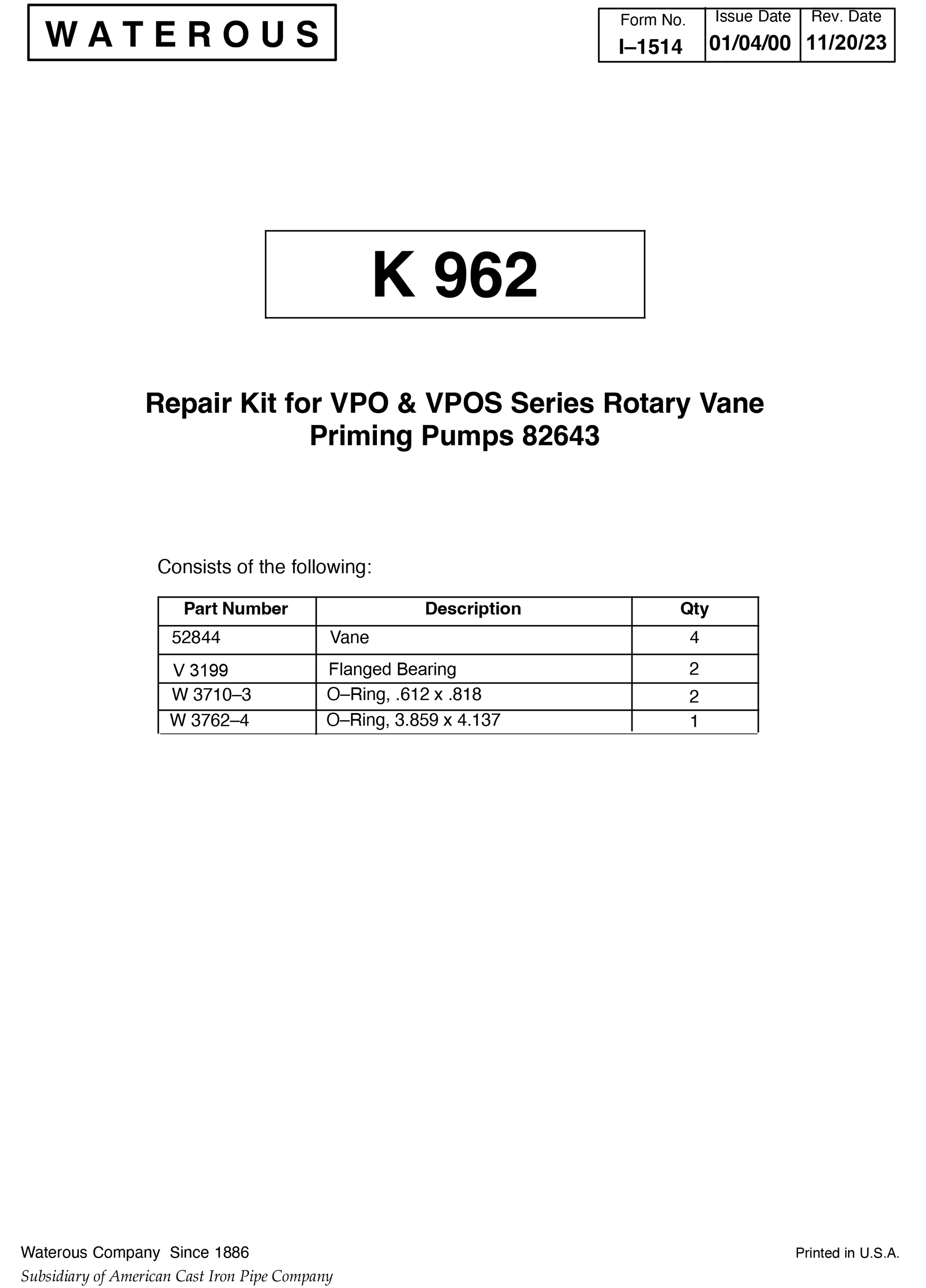 Waterous VPO Primer, Primer Vanes Repair Kit , K35, K962