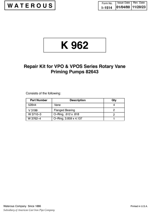Waterous VPO Primer, Primer Vanes Repair Kit , K35, K962