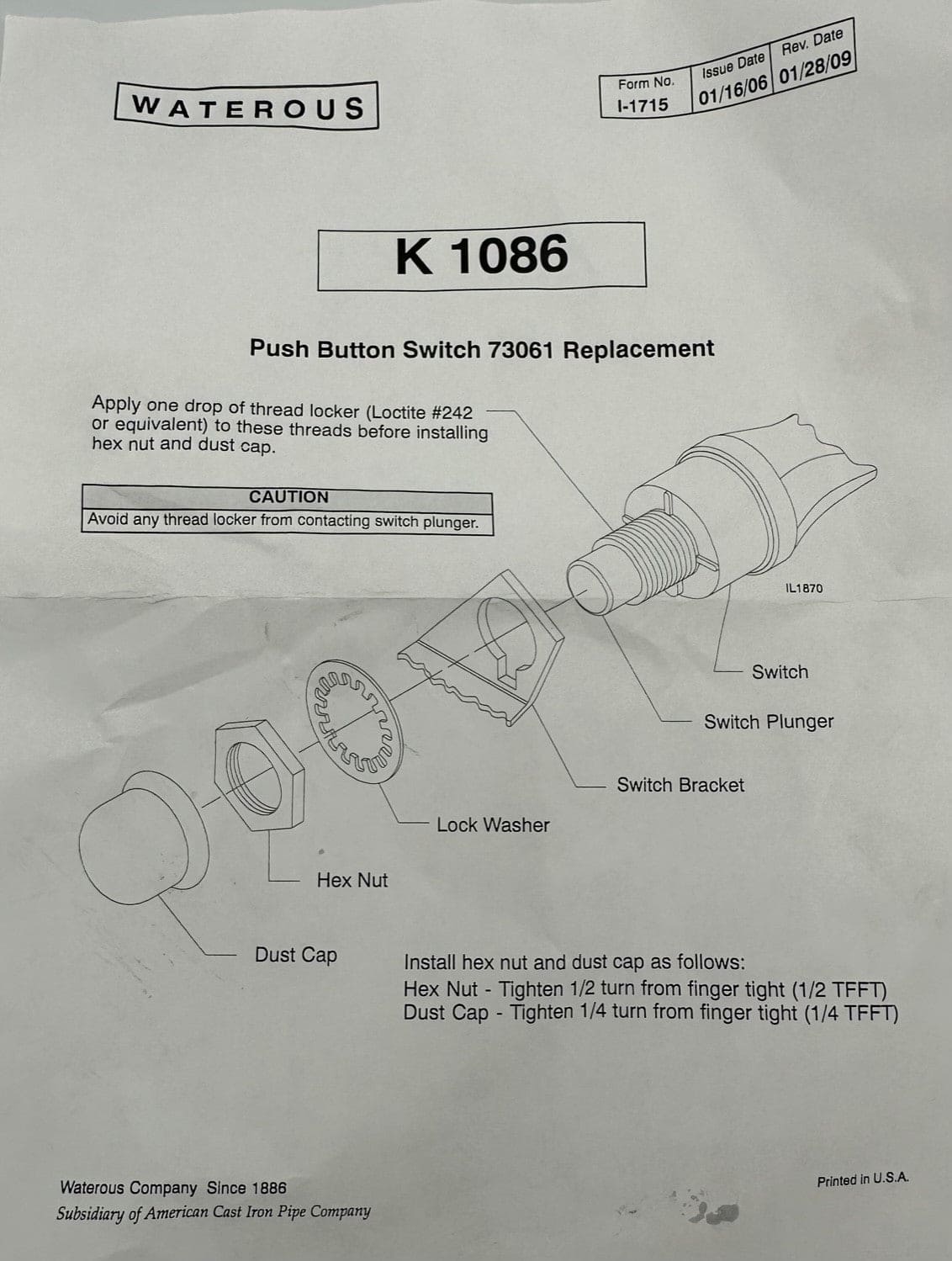 Waterous, Push Button Switch 73061 Replacement, K1086